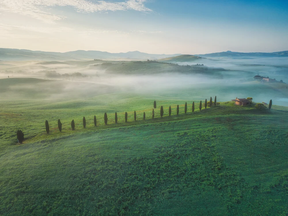 Toskana Val d'Orcia Zypressenallee aus der Luft - fotokunst von Jean Claude Castor