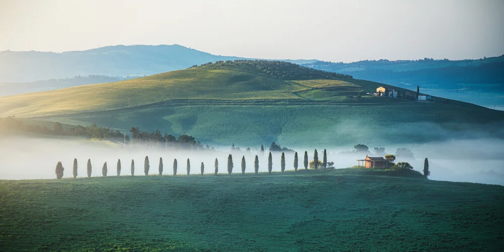 Toskana Val d'Orcia Zypressenallee mit Agriturismo im Nebel - Fineart photography by Jean Claude Castor