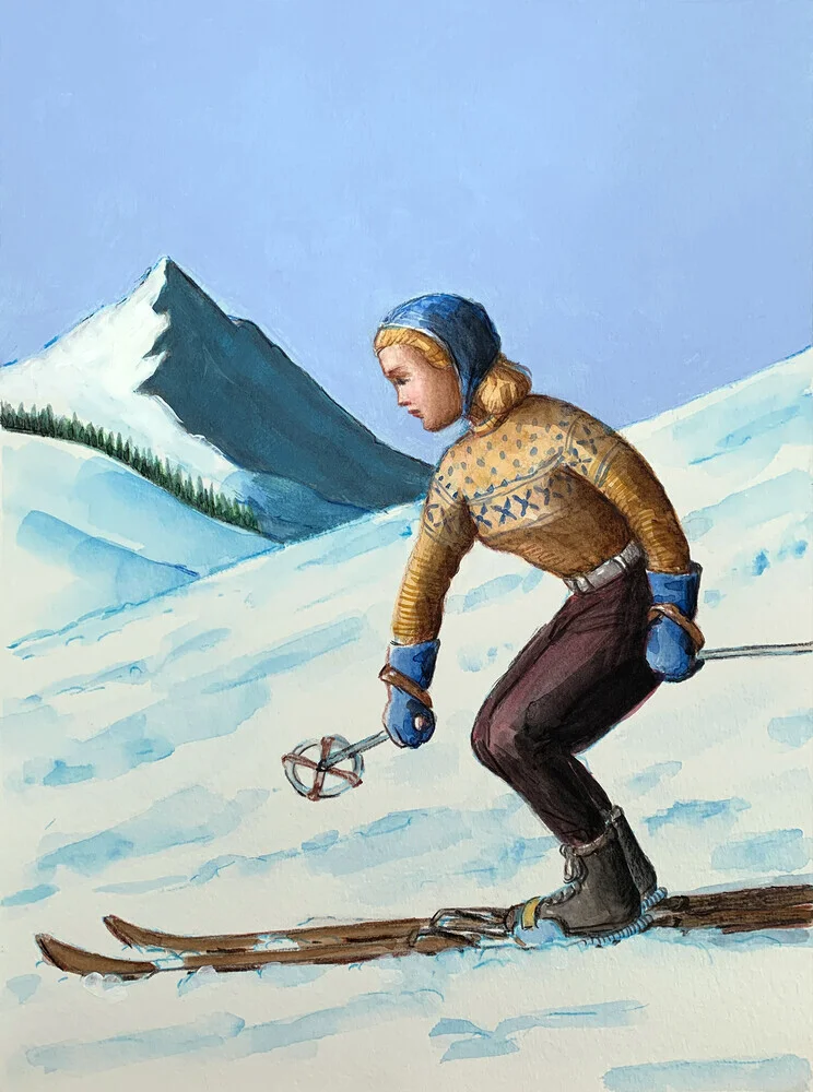 A young woman skiing downhill, wearing an ond-fashioned, knit sweater. - Fineart photography by Sarah Morrissette