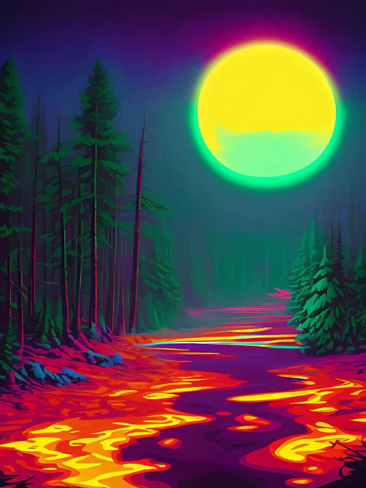 Neon Moon, Color Pop Art Glow Forest, Nature Landscape Adventure - fotokunst von Uma Gokhale