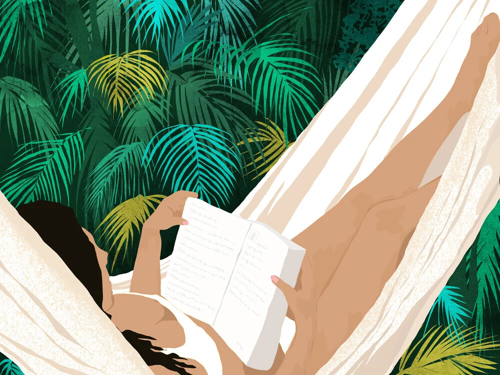 Summer Hammock Reading, Tropical Jungle Travel, Watercolor Nature - fotokunst von Uma Gokhale