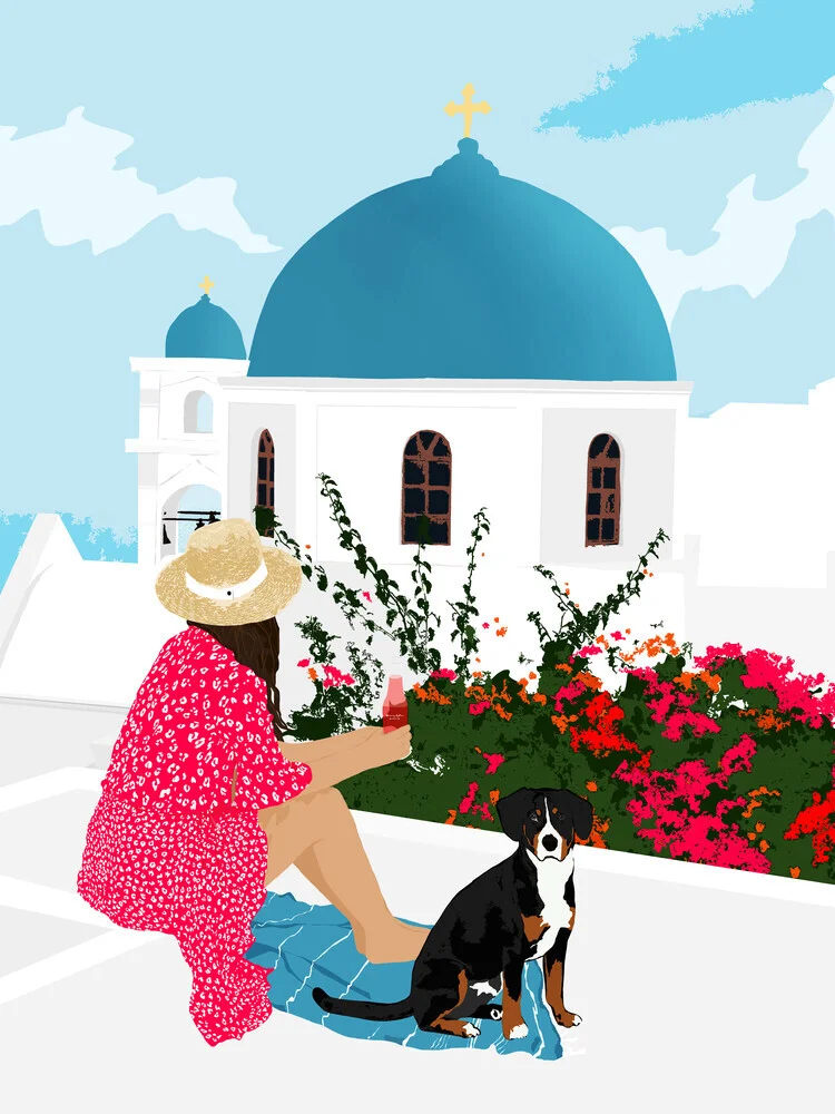 Greek Staycation, Pets Santorini Tropical Summer Travel, Dog White - fotokunst von Uma Gokhale