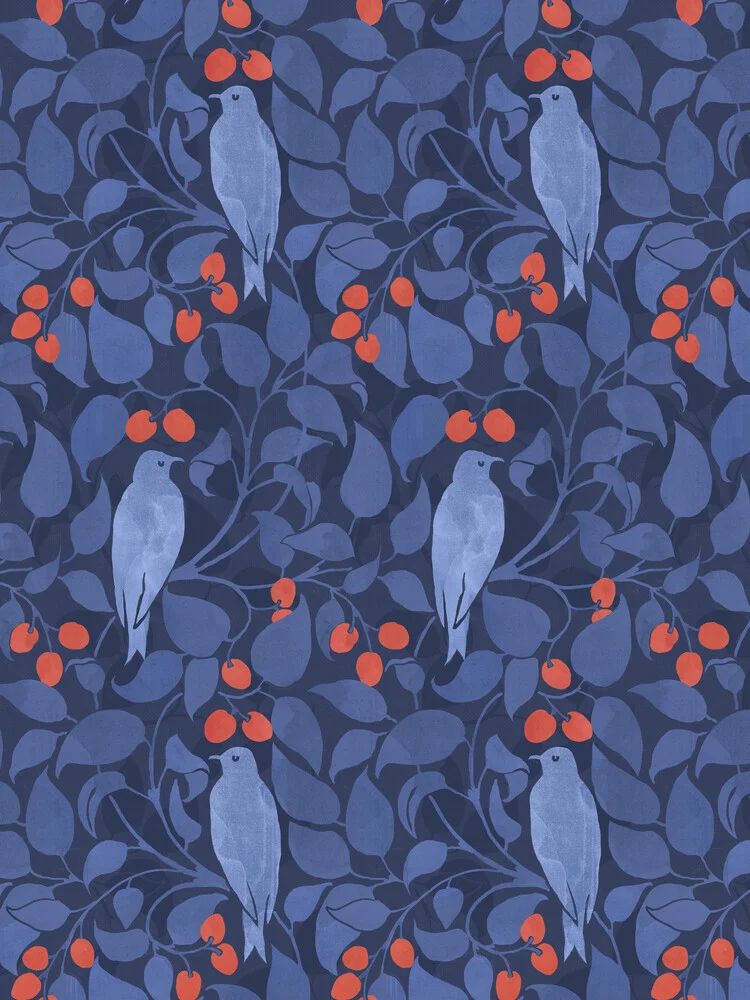 Vintage Blue Birds And Red Cherries Blue - fotokunst von Ania Więcław