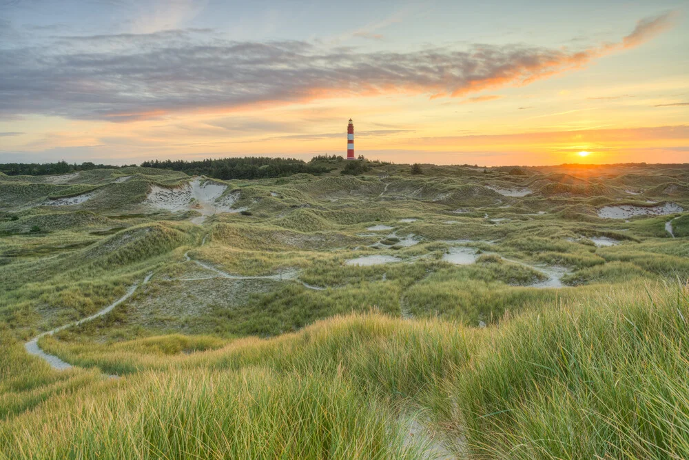 View over the dunes to the lighthouse on Amrum at sunrise - Fineart photography by Michael Valjak