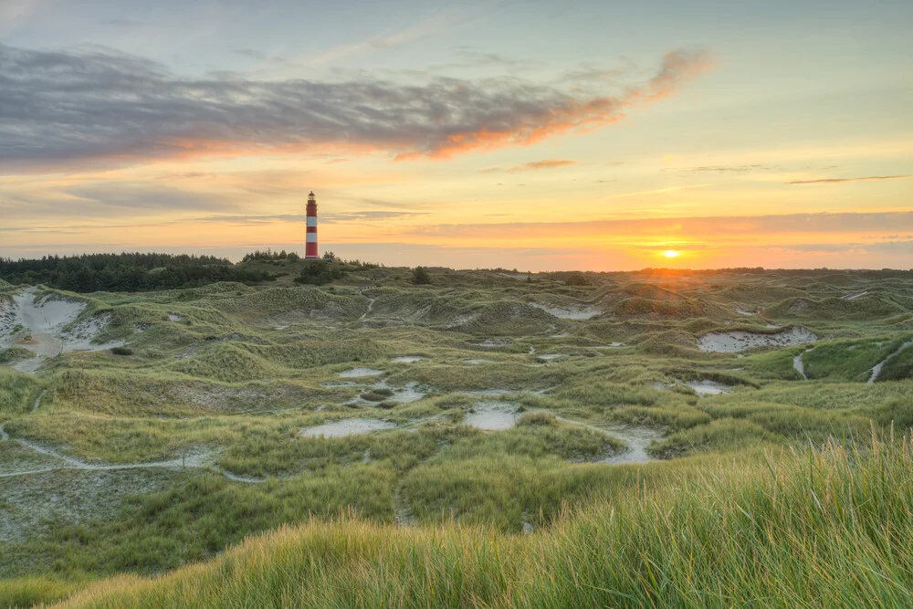 Blick über die Dünen zum Leuchtturm auf Amrum bei Sonnenaufgang - fotokunst von Michael Valjak