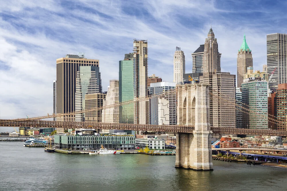 Brooklyn Bridge with Pier 17 and South Street Seaport - Fineart photography by Melanie Viola