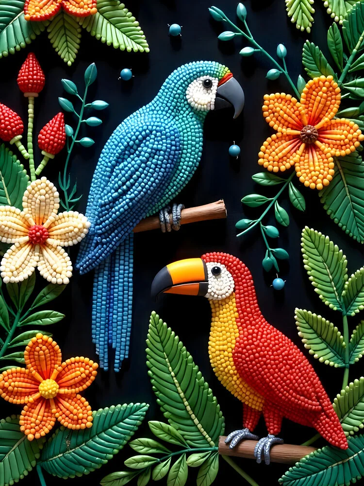 Parrot And Toucan in a Beaded Forest - fotokunst von Uma Gokhale