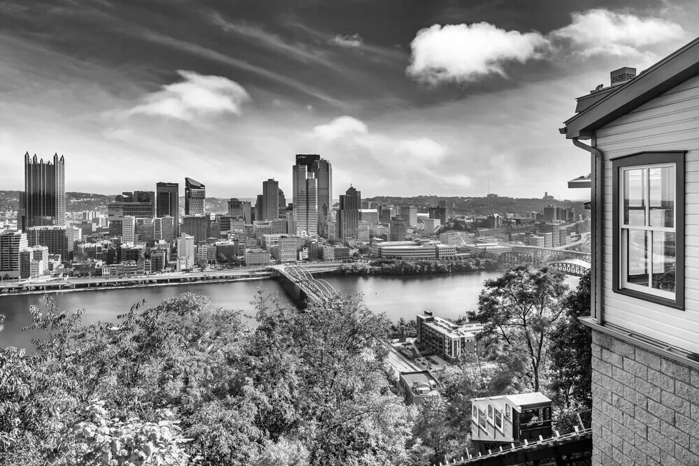 Monongahela Incline and Pittsburgh Skyline Monochrome - Fineart photography by Melanie Viola